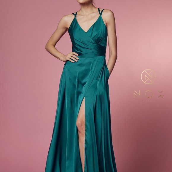 GREEN COLOR SATIN OPEN BACK PROM PARTY A-LINE LONG GOWN DRESS NX1020 - Picture 7 of 7